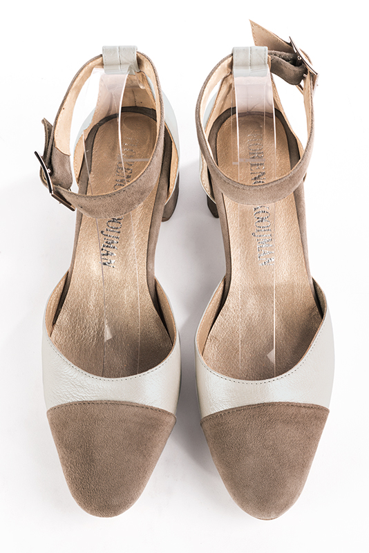 Tan beige and pure white women's open side shoes, with a strap around the ankle. Round toe. Low flare heels. Top view - Florence KOOIJMAN